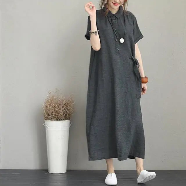 Solid Color Cotton  Linen Short Sleeve Loose Pocket