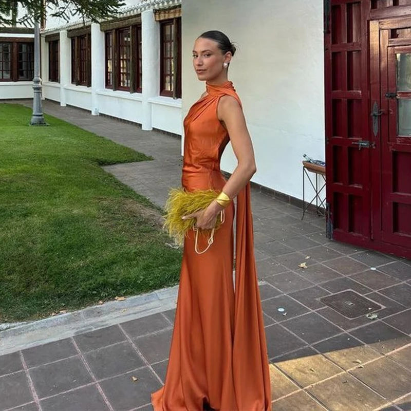 Ribbon Long Satin  Halter Backless Sleeveless Dresses