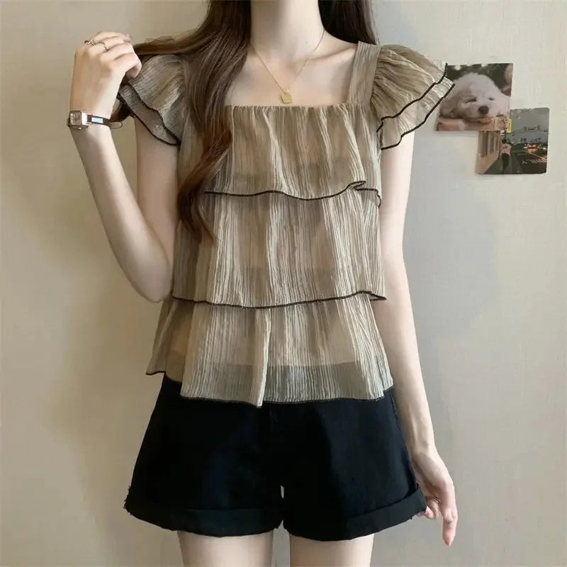Short Sleeve Chiffon Blouse Ruffle Edge