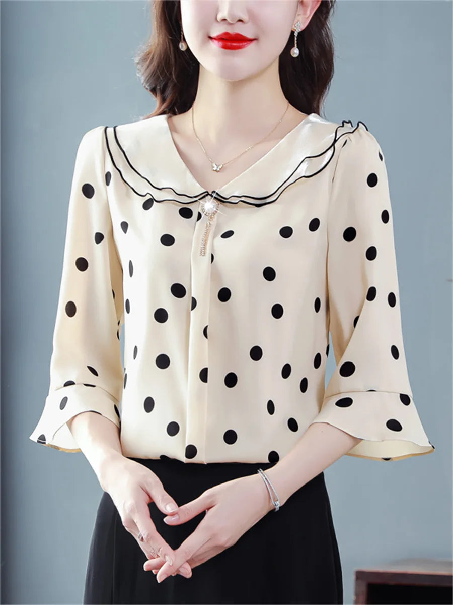 Polka Dots Half Sleeve Ruffles Collar