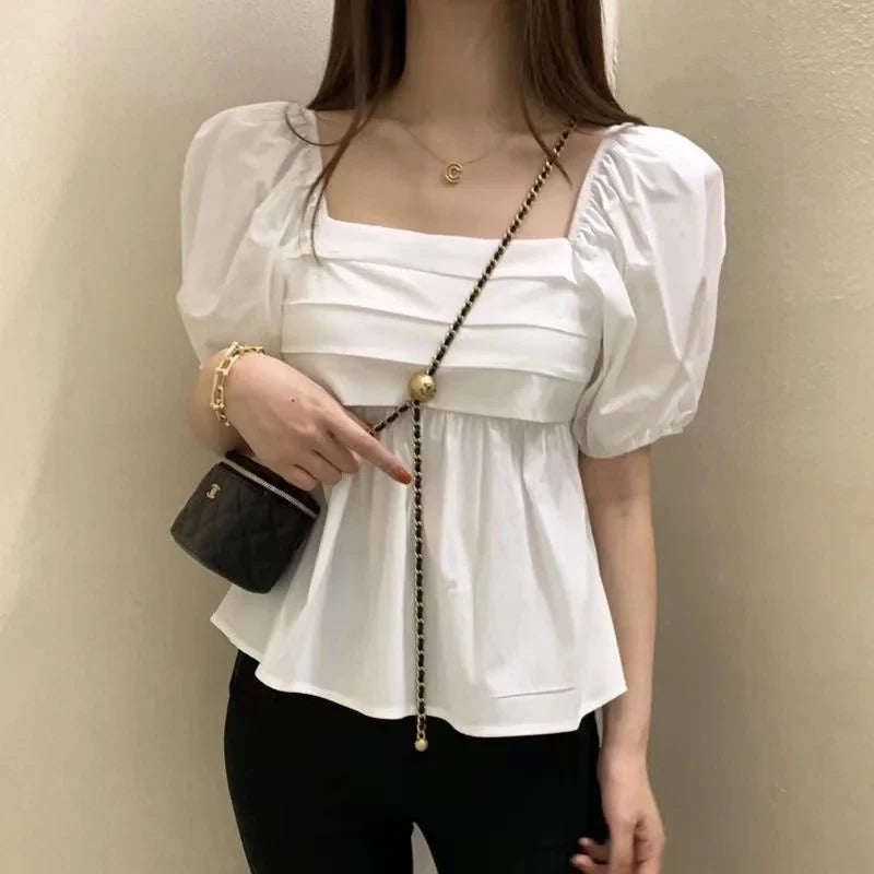 Square Neck White Blouse Puff Short Sleeve