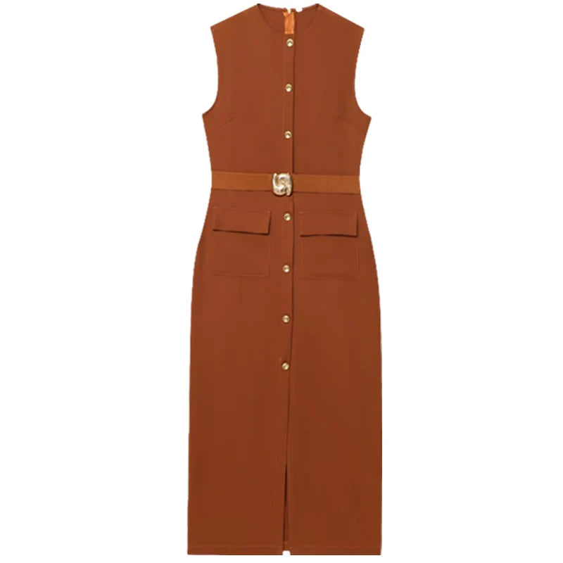 Belt Midi Sleeveless Slim Dresses