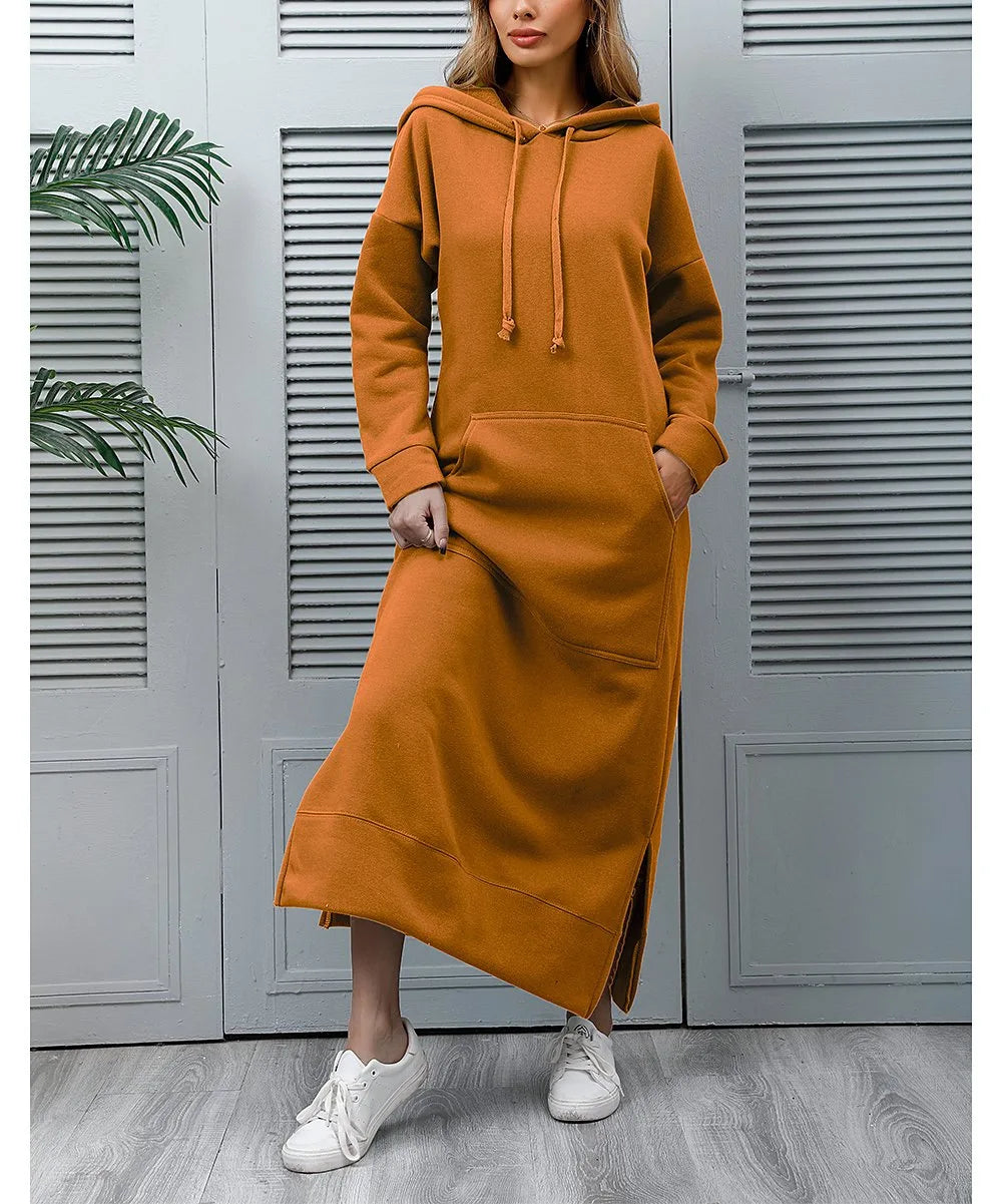 Hoodies Dress Lace-up Midi Robe Hooded
