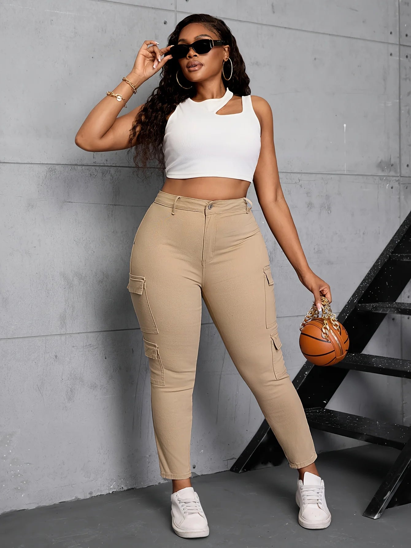 High Waisted Straight Cargo Jeans Stretch