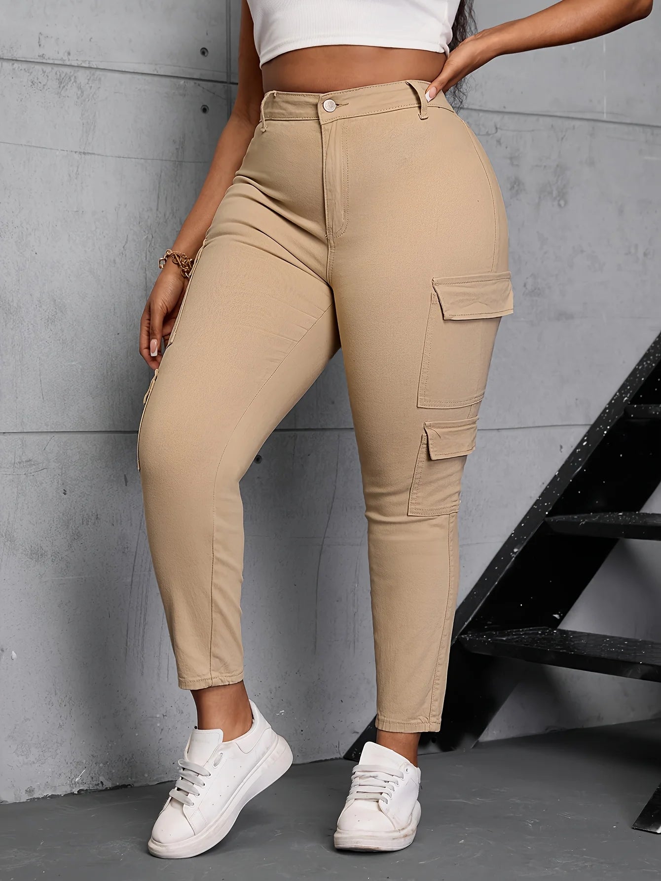 High Waisted Straight Cargo Jeans Stretch