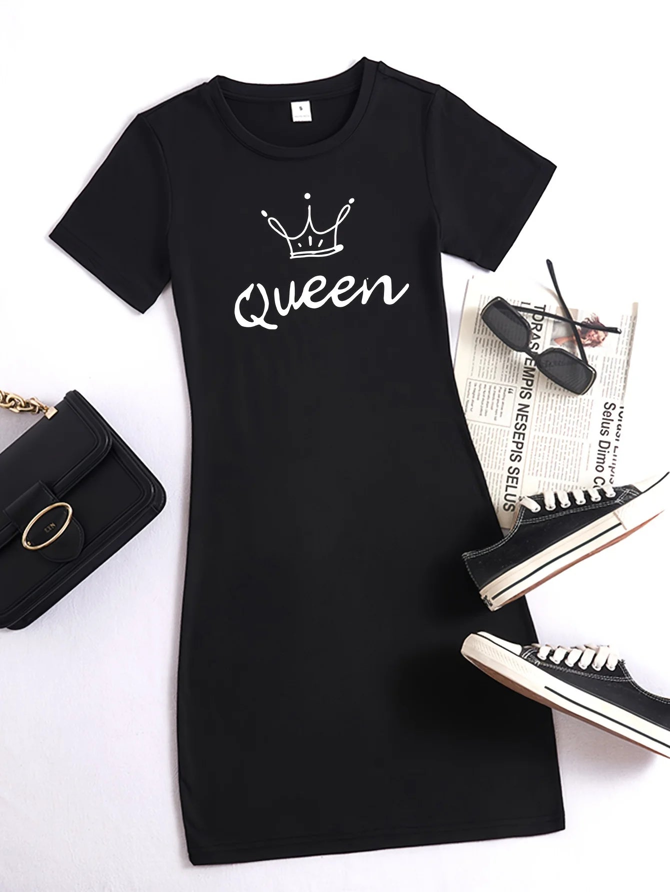 Queen Print Casual Loungewear Tee, Casual Nightdress