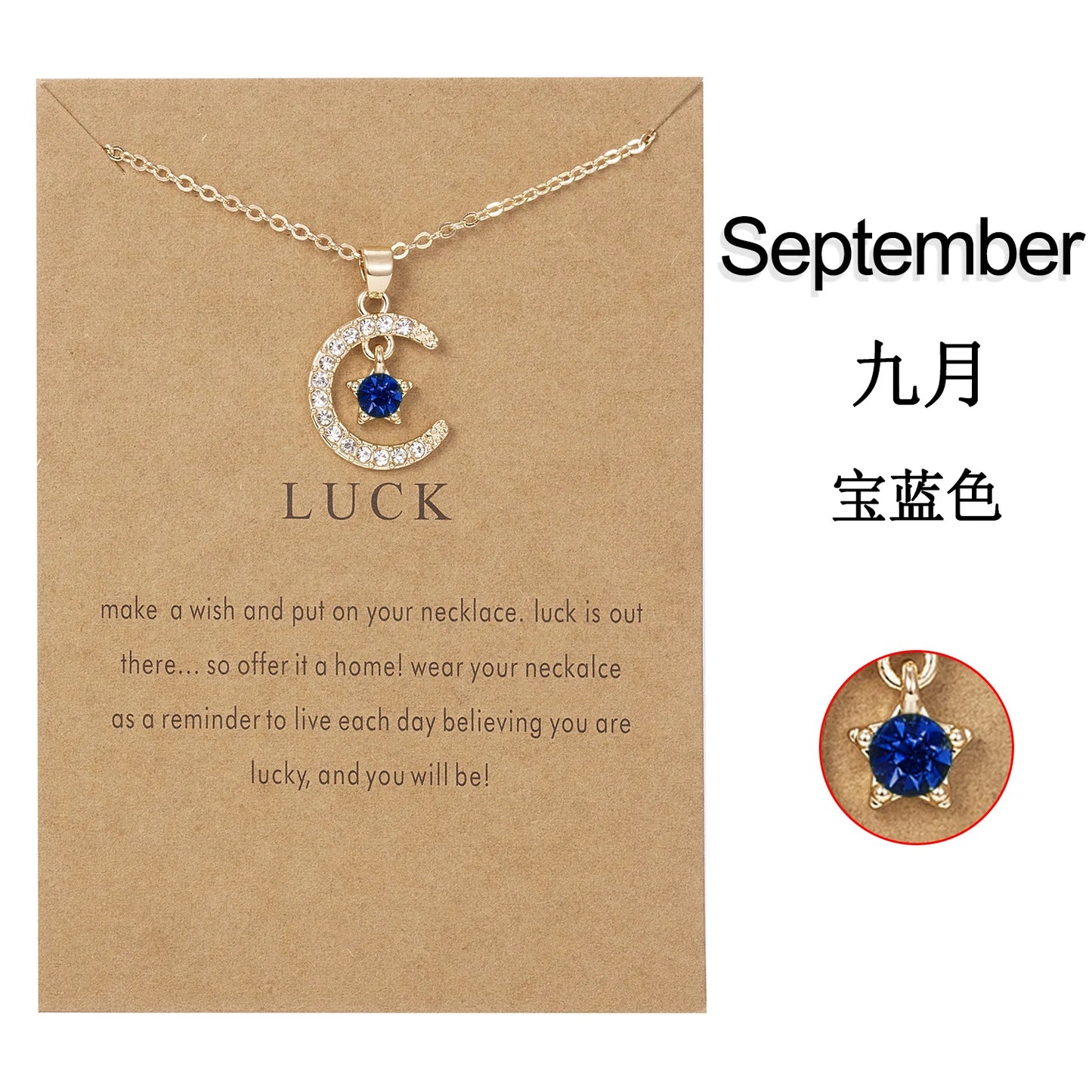 Birthstone Moon Star Crystal Pendant Necklace