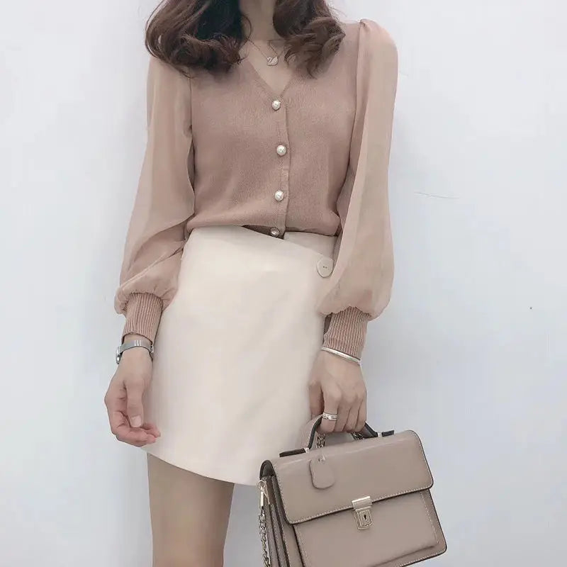 Blouses Knitted Button Long Sleeve