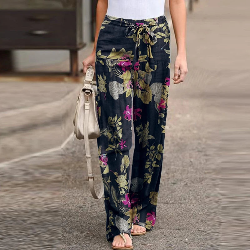 Drawstring Trousers Floral Printed Wide Leg Pants