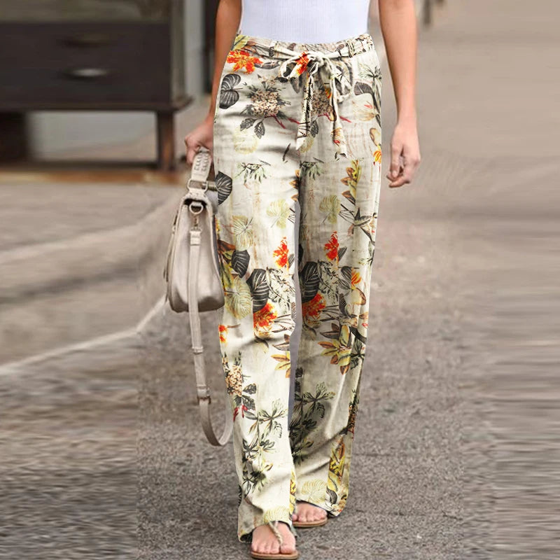 Drawstring Trousers Floral Printed Wide Leg Pants