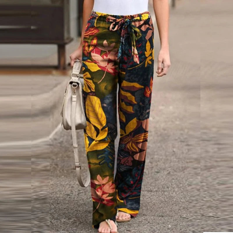 Drawstring Trousers Floral Printed Wide Leg Pants