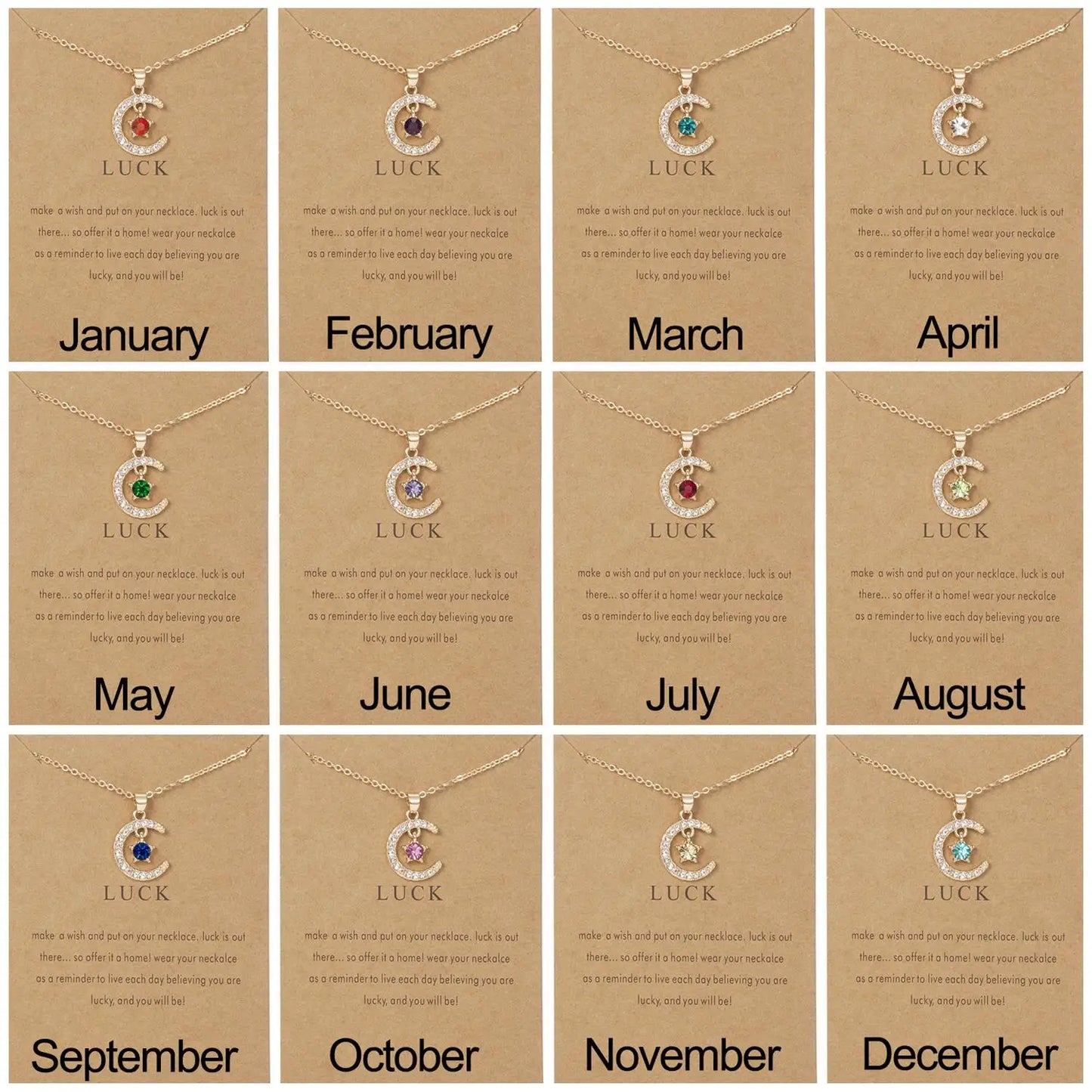 Birthstone Moon Star Crystal Pendant Necklace