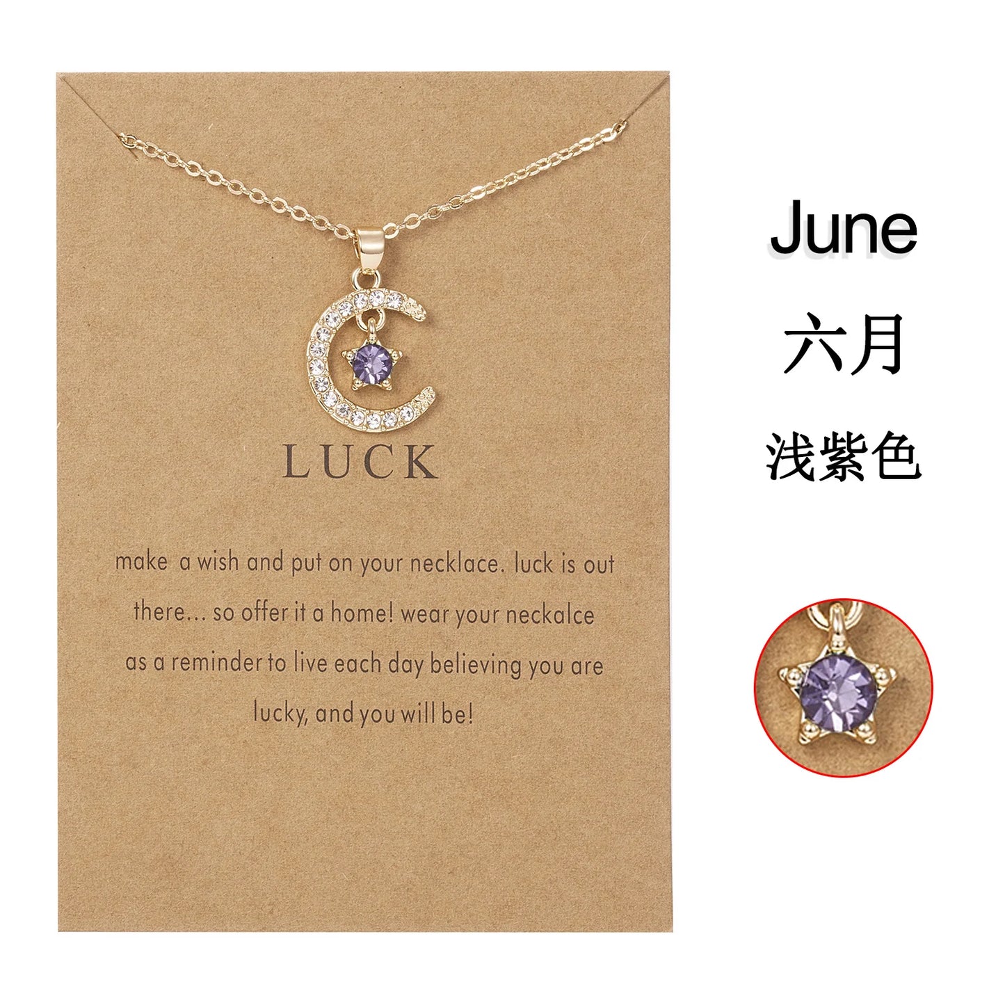 Birthstone Moon Star Crystal Pendant Necklace