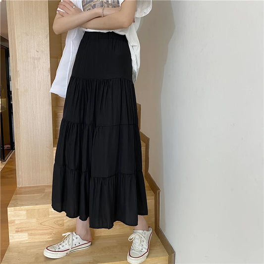 Chiffon Skirts High Waist Elastic Patchwork A-line