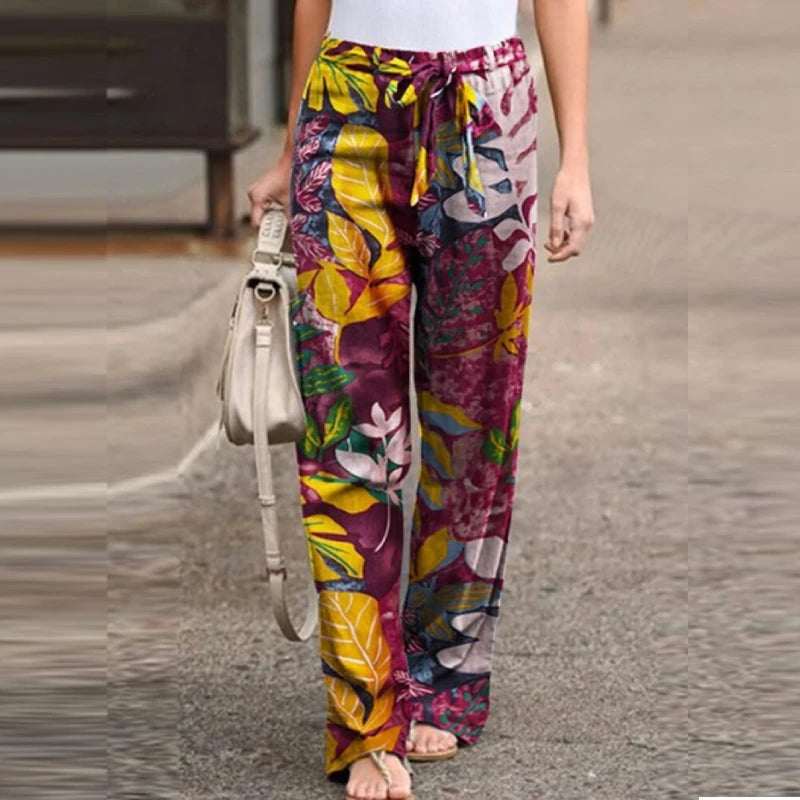 Drawstring Trousers Floral Printed Wide Leg Pants