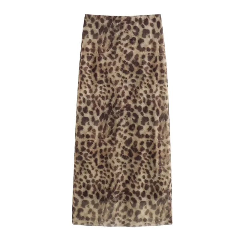 Leopard Print Midi Skirt High Waist