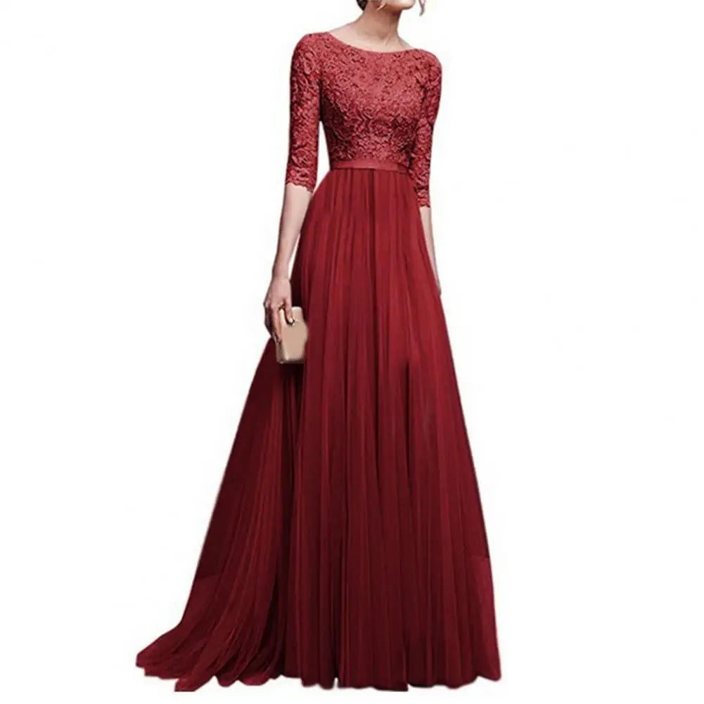 Maxi Dress Lace Flower Embroidery Pleated