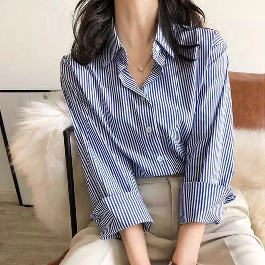 Classic Striped  Long  Sleeve Stand Collar  Tops