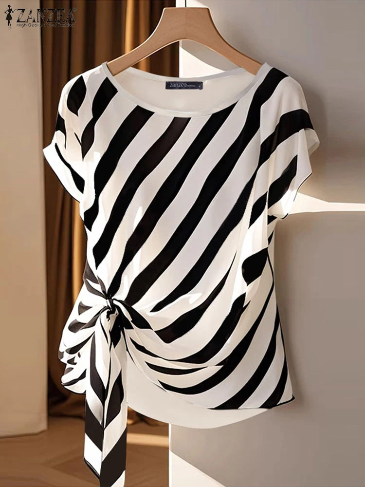 Striped Printed  Short Sleeve Blouse Casual