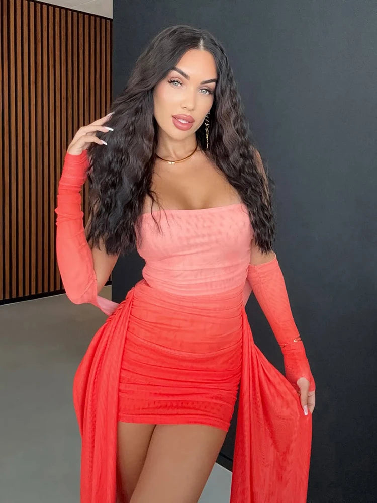 Mesh Mini Dress Strapless Ribbons Tassel  Gloves