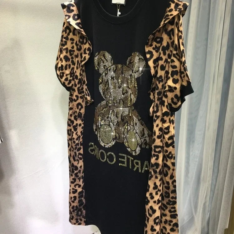 Leopard Print Dress Short Sleeves  Women's Top