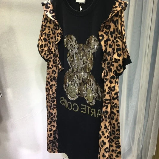 Leopard Print Dress Short Sleeves  Women's Top