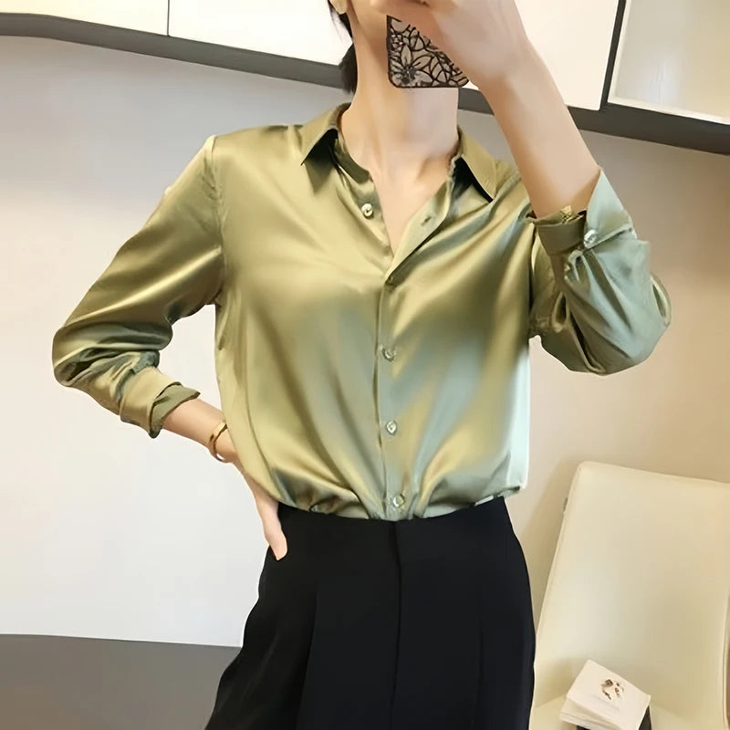 Satin Finish Blouses Long Sleeve Button
