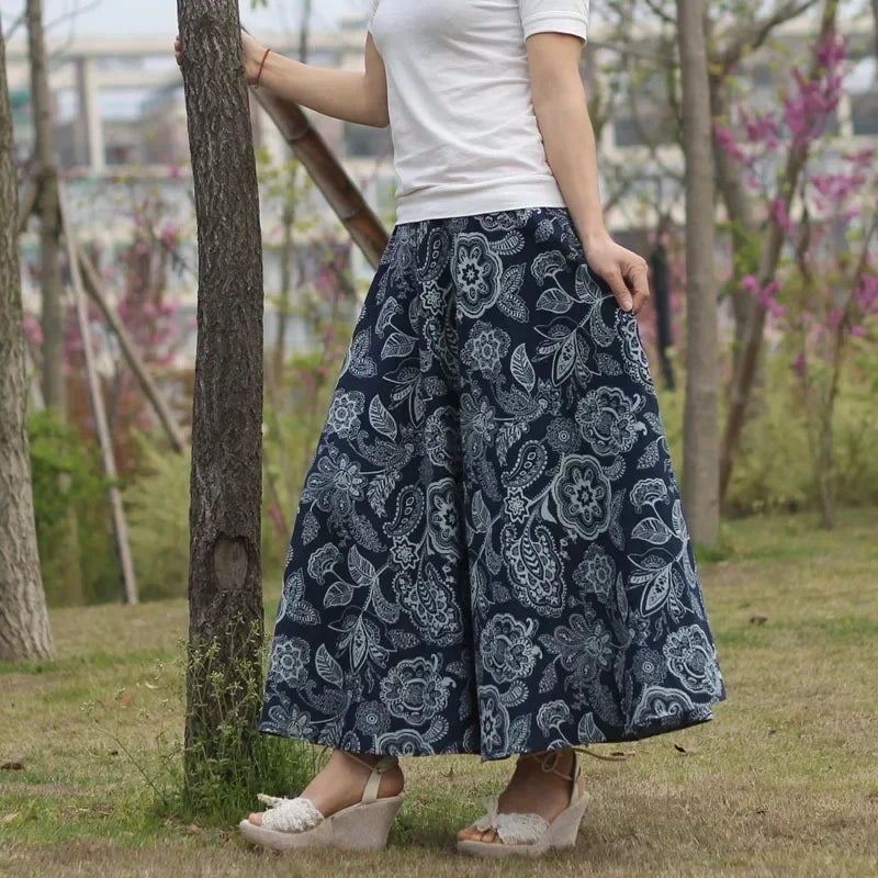 Cotton Linen Print Long Skirt Vintage