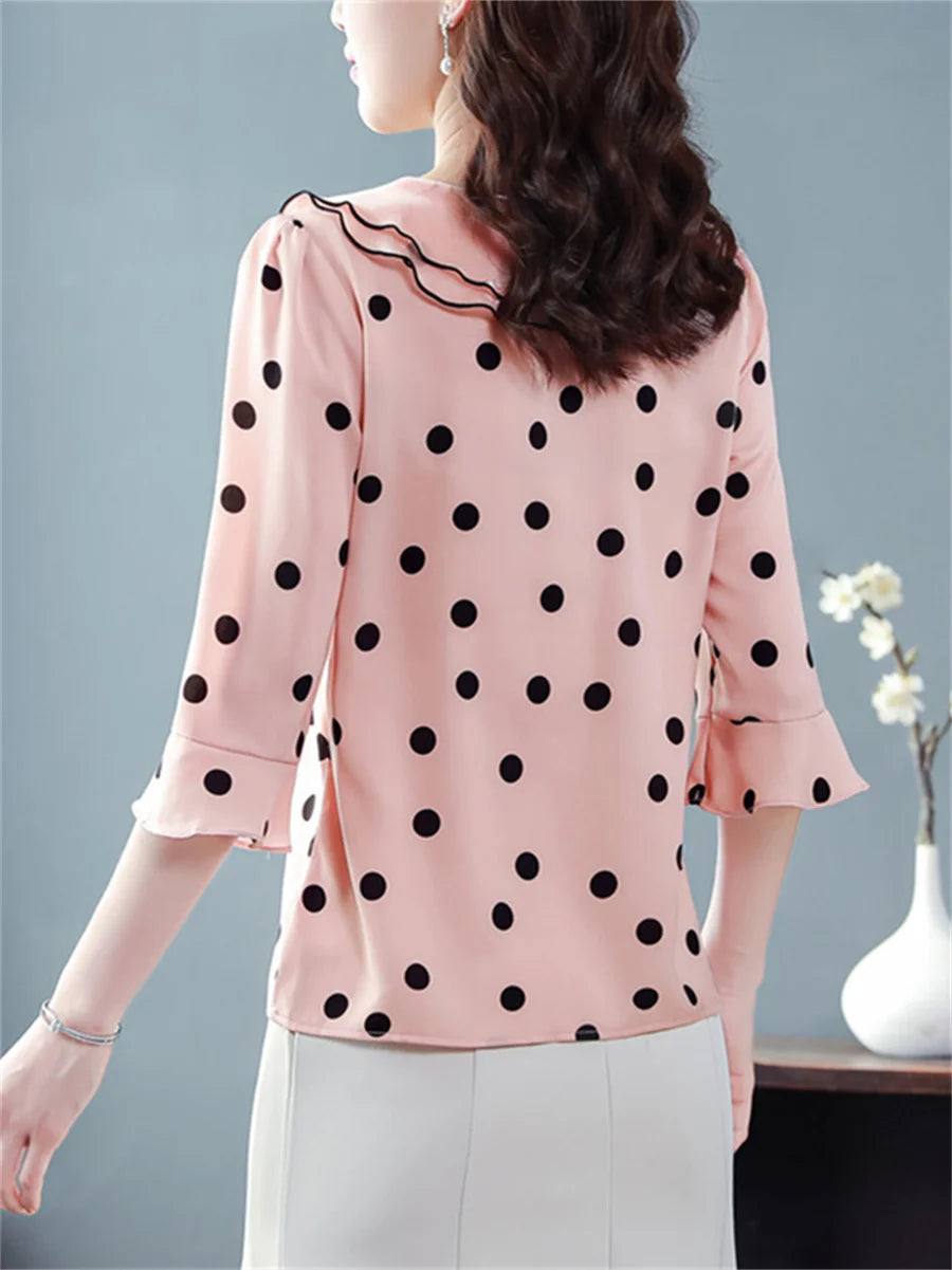 Polka Dots Half Sleeve Ruffles Collar