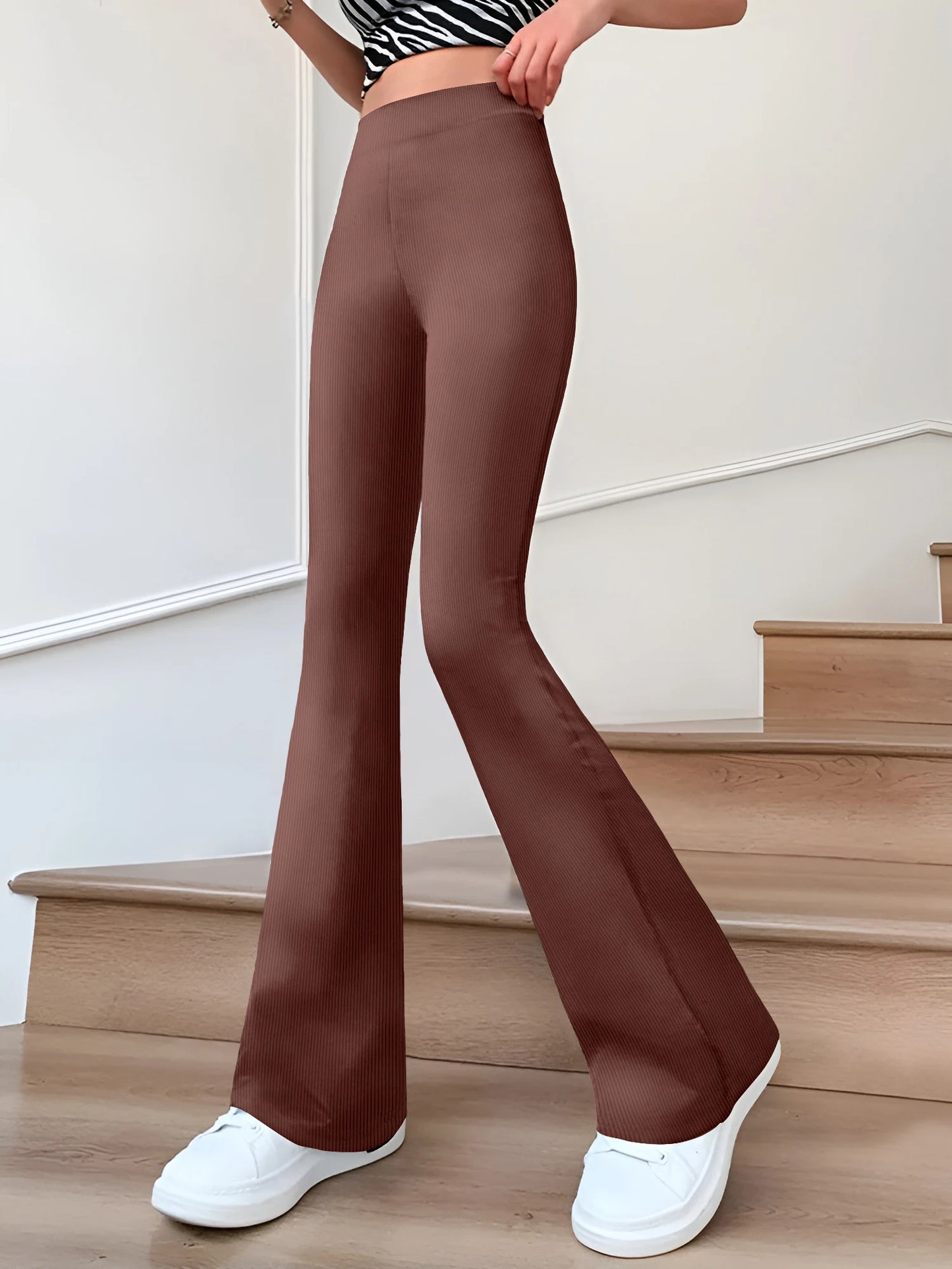 Flared Pants  Slim Solid Color High Waist