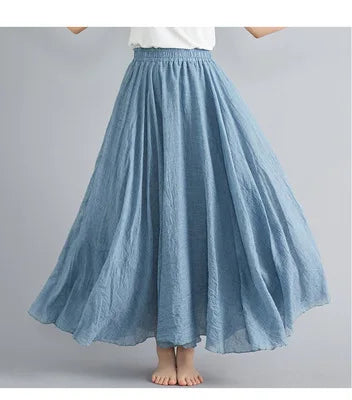 Cotton Linen Dress Elastic Waist Long Skirts