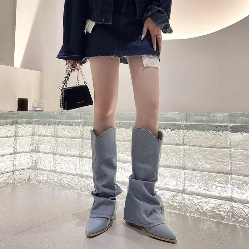 Women Pleats Blue Denim Thigh High Boots