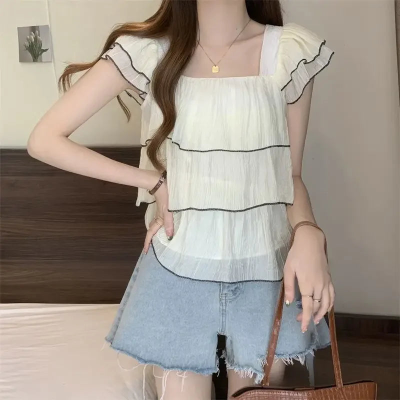 Short Sleeve Chiffon Blouse Ruffle Edge