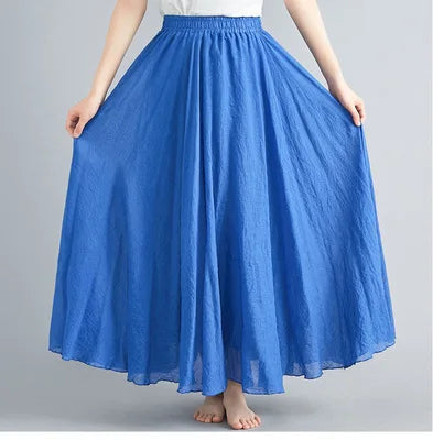 Cotton Linen Dress Elastic Waist Long Skirts