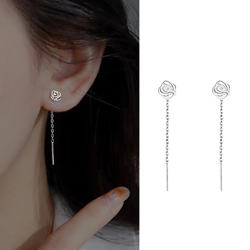 Silver Needle Star Line Tassel Drop Earring