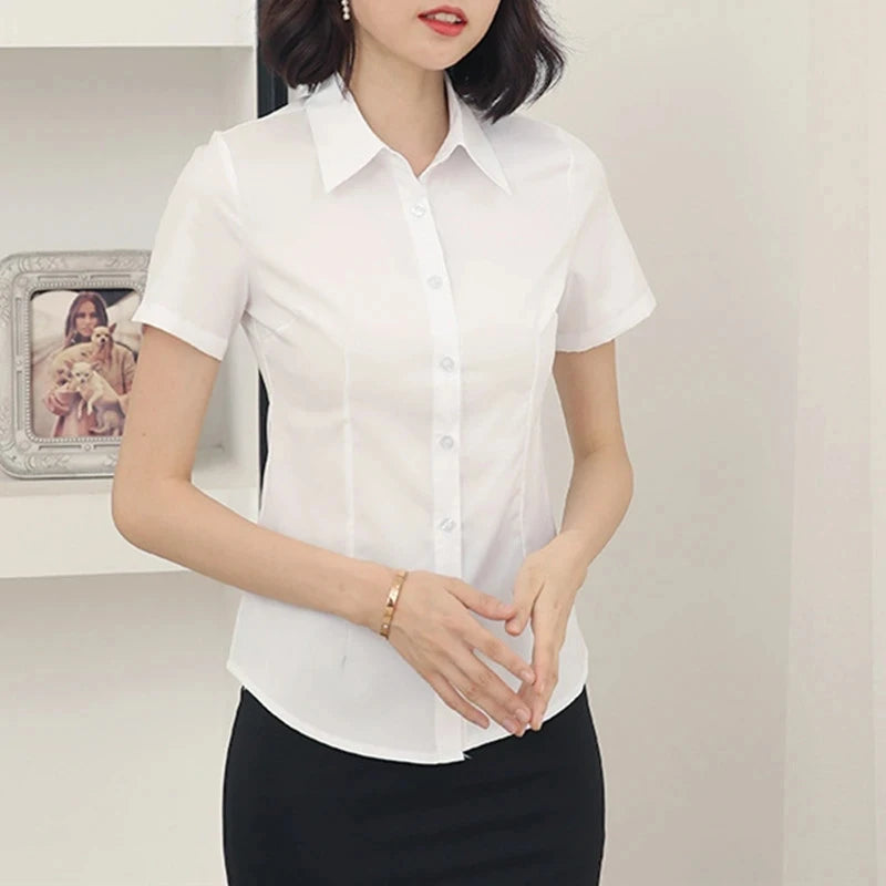 V-neck Short Sleeve Solid Work Shirts