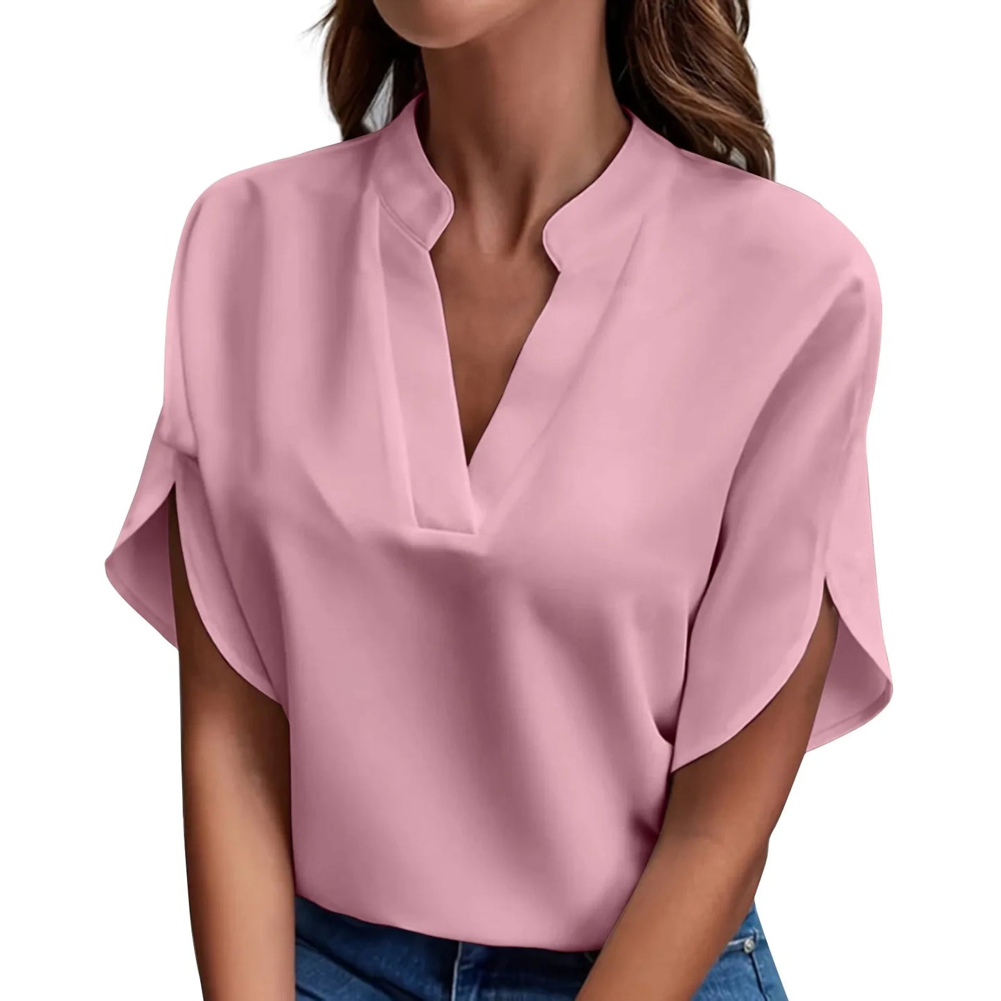 Short Sleeve Solid V Neck Loose Blouses