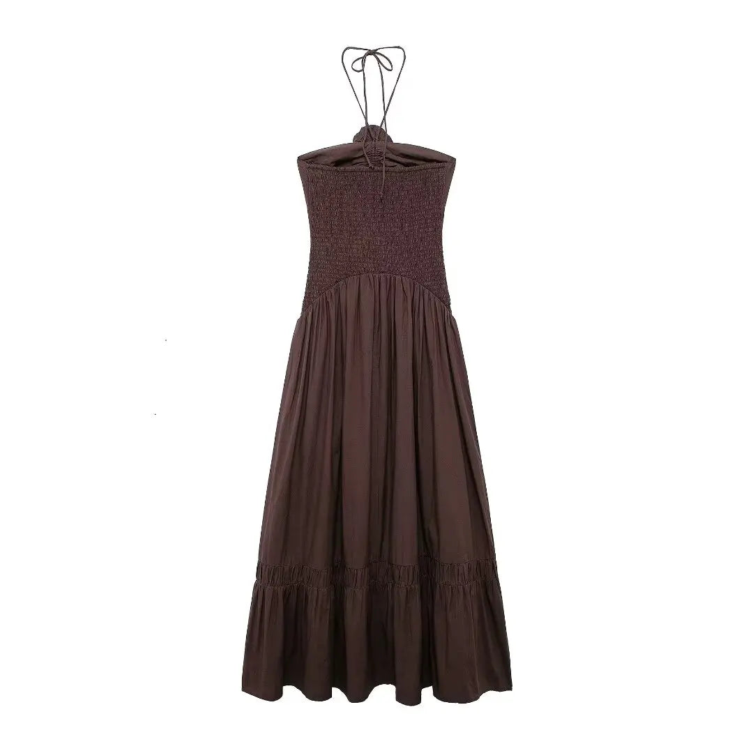 Brown Flower Halter Backless Long Dress