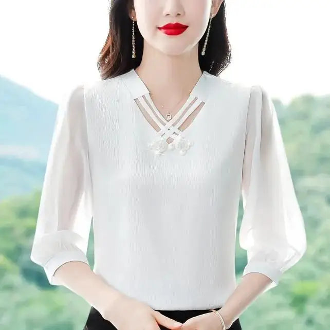 V Neck  3/4 Sleeve Pullovers Chiffon Blouse