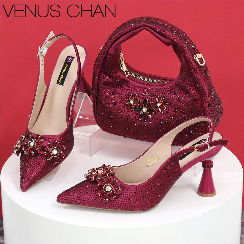 Pointed Toe High Heels,  Bags Set With Rhinestone