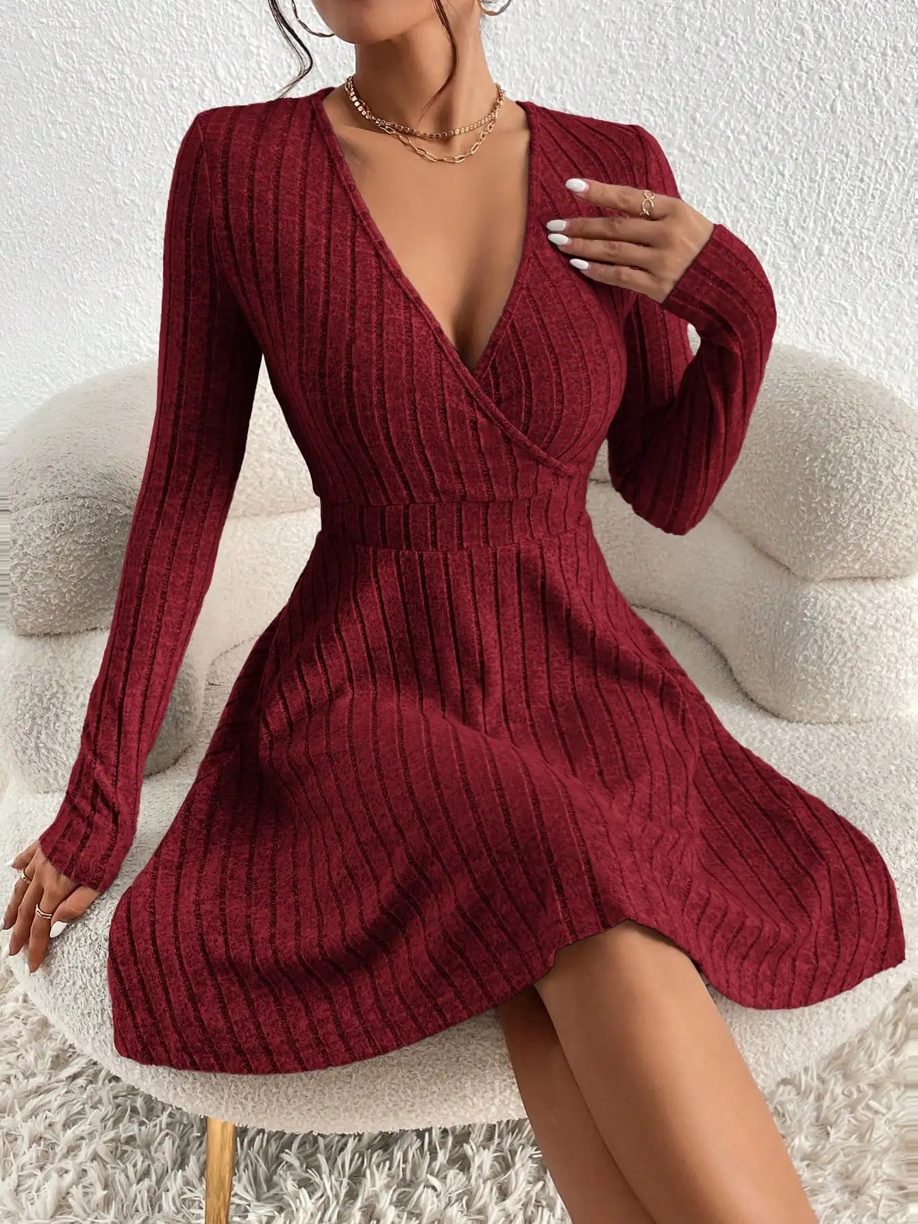 V-neck A-line Knit Dress