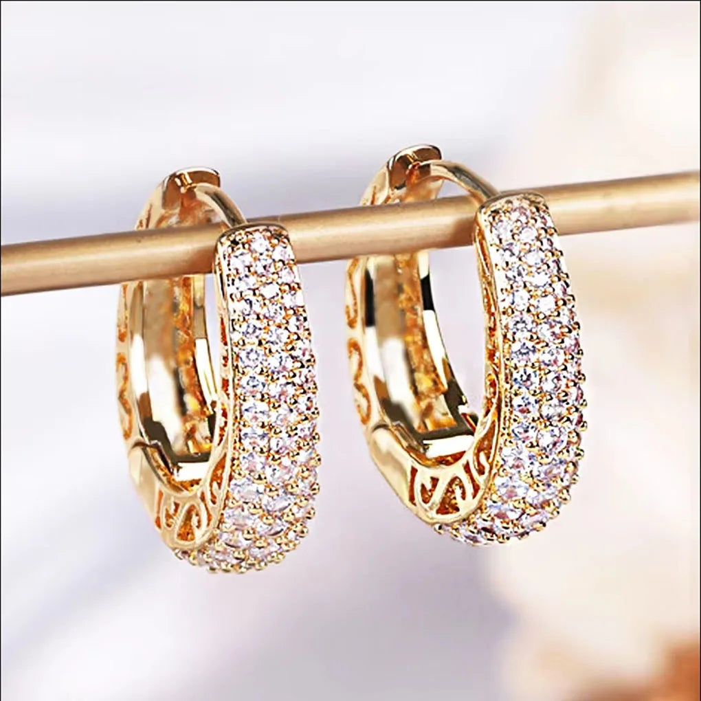 Gold Color Hoop Earrings Paved Dazzling CZ Stones