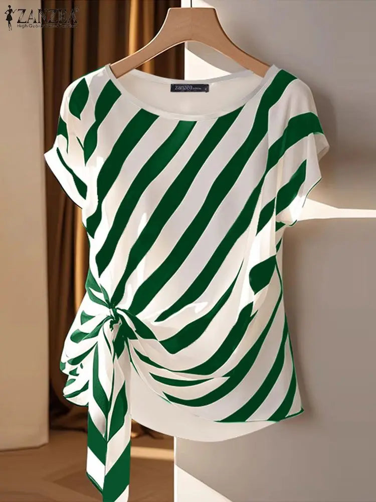 Striped Printed  Short Sleeve Blouse Casual