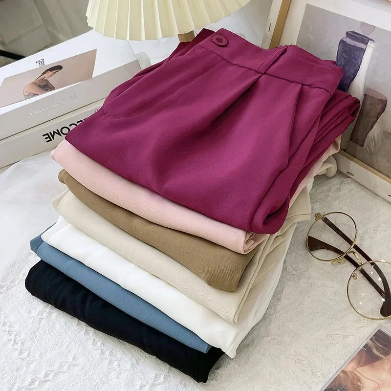 Suit Pants Solid Color Elastic Waist Ankle-Length