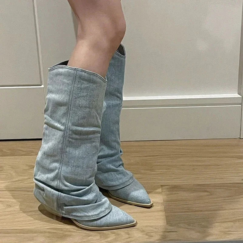 Women Pleats Blue Denim Thigh High Boots