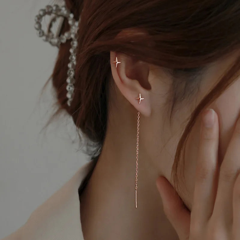 Silver Needle Star Line Tassel Drop Earring