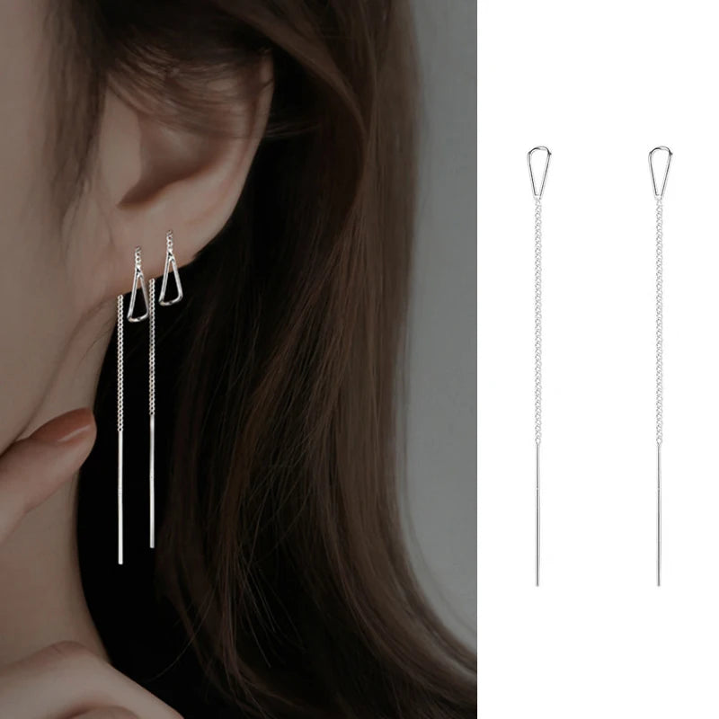 Silver Needle Star Line Tassel Drop Earring