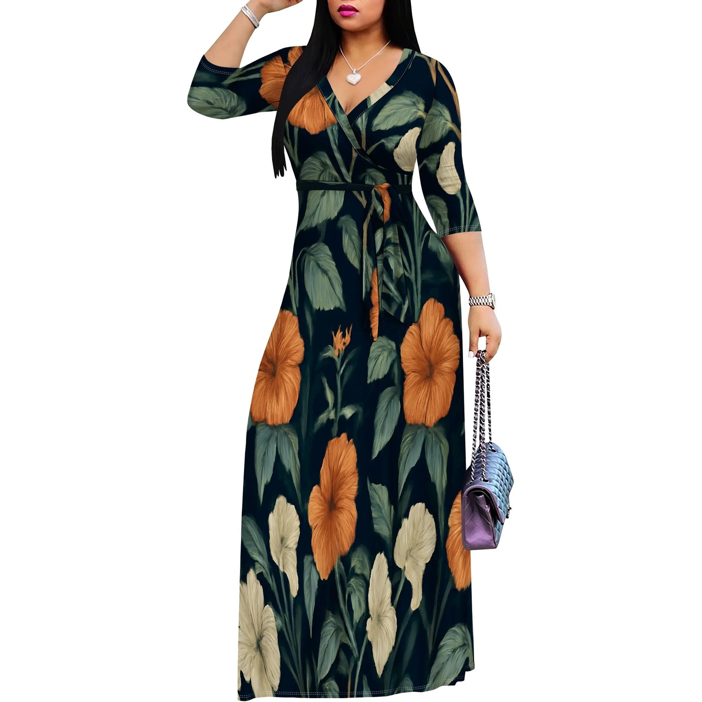 Plus Size Maxi Dress S-3XL V-Neck Wrap Belted