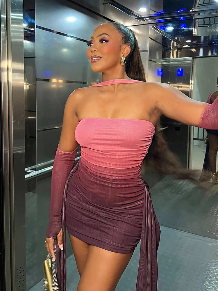 Mesh Mini Dress Strapless Ribbons Tassel  Gloves