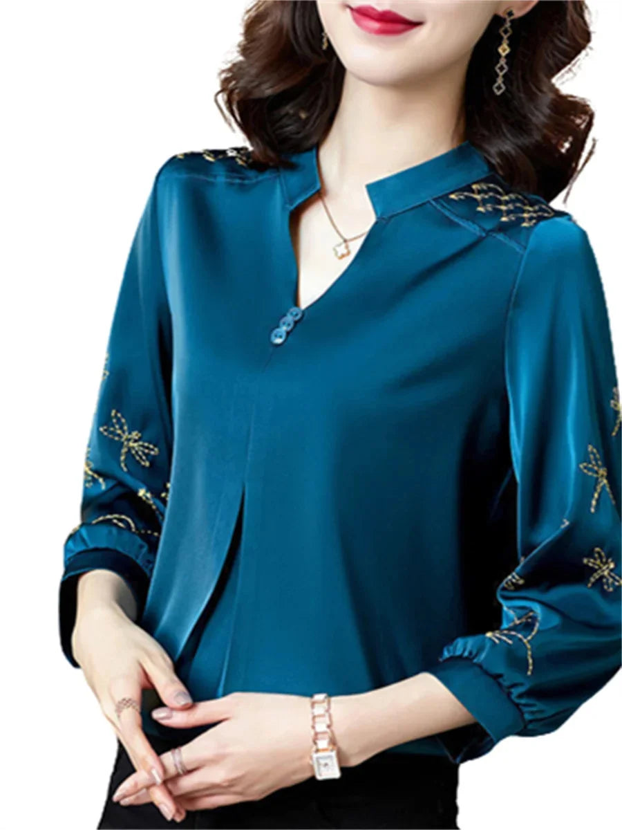 Three Quarter Sleeve V-Neck Embroidery Tops